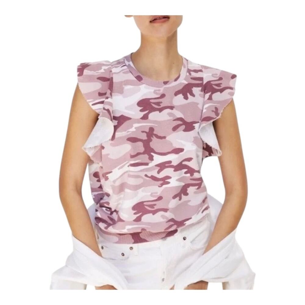 Anthropologie T. La Sleeveless Ruffle Sweatshirt Rose Camo Print XL NWT